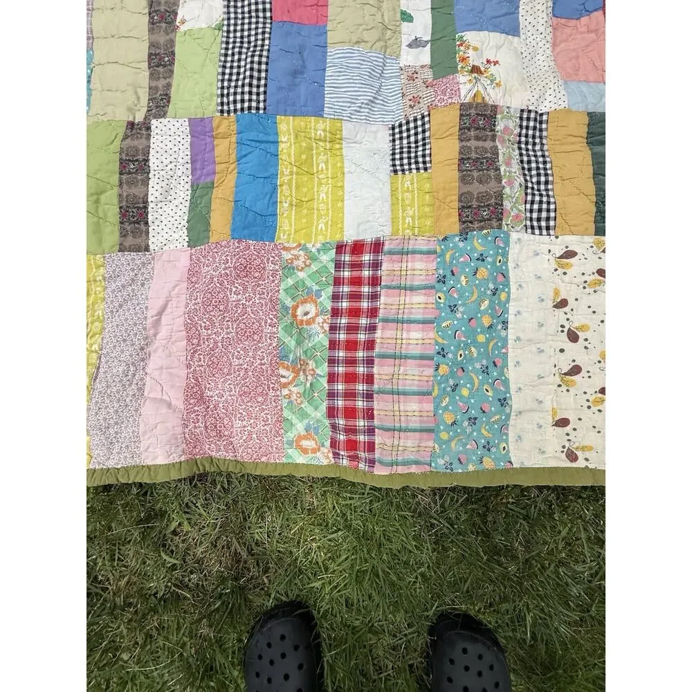 Antique Vintage 1930’s CRAZY QUILT Multi-Color Feed Sack Olive Green Back
